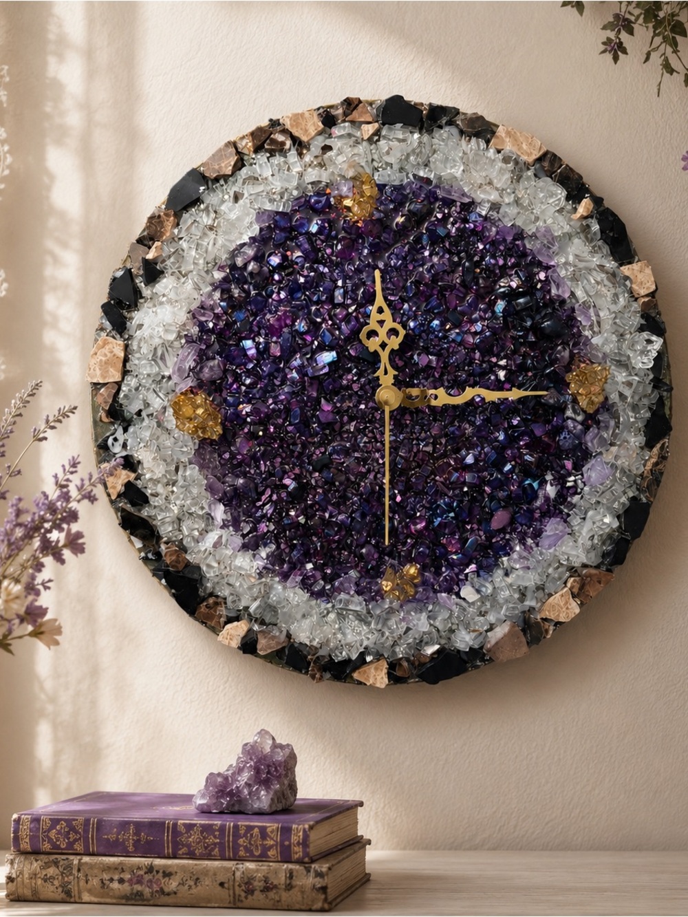Handmade Amethyst Crystal Geode Wall Clock by